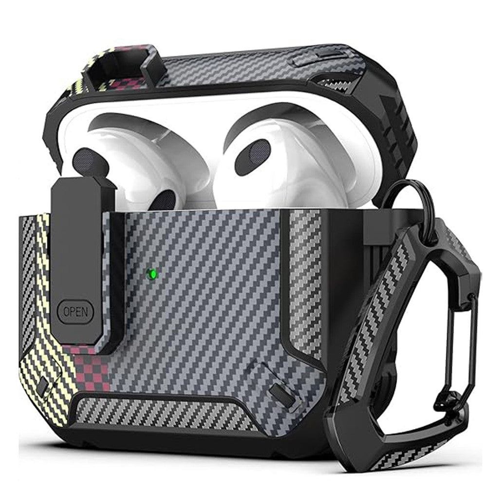 Compatible With  AirPods 5 / 4 Earphones Case Contrast Color Shockproof TPU Earbuds Cover with Carabiner - Black Carbon Fiber