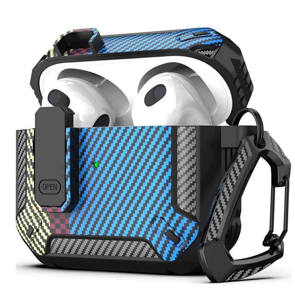 Compatible With  AirPods 5 / 4 Earphones Case Contrast Color Shockproof TPU Earbuds Cover with Carabiner - Blue Carbon Fiber