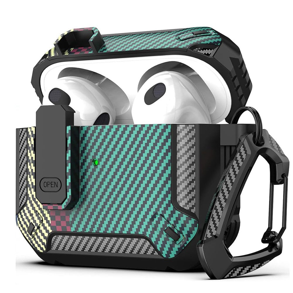 Compatible With  AirPods 5 / 4 Earphones Case Contrast Color Shockproof TPU Earbuds Cover with Carabiner - Green Carbon Fiber