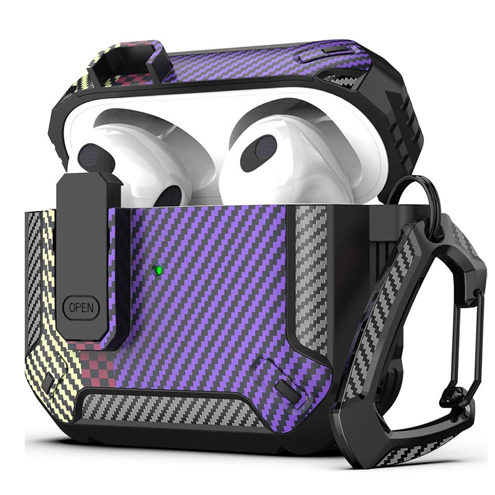 Compatible With  AirPods 5 / 4 Earphones Case Contrast Color Shockproof TPU Earbuds Cover with Carabiner - Purple Carbon Fiber