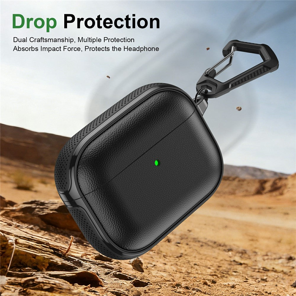 Compatible With  AirPods 5 / 4 Case Split Design Leather Texture TPU Earphone Cover with Metal Carabiner - Black