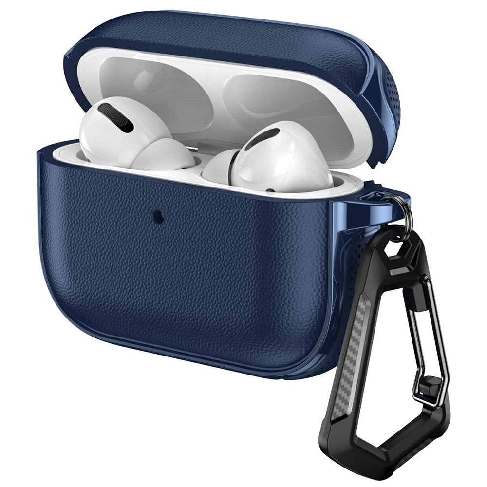 Compatible With  AirPods 5 / 4 Case Split Design Leather Texture TPU Earphone Cover with Metal Carabiner - Dark Blue