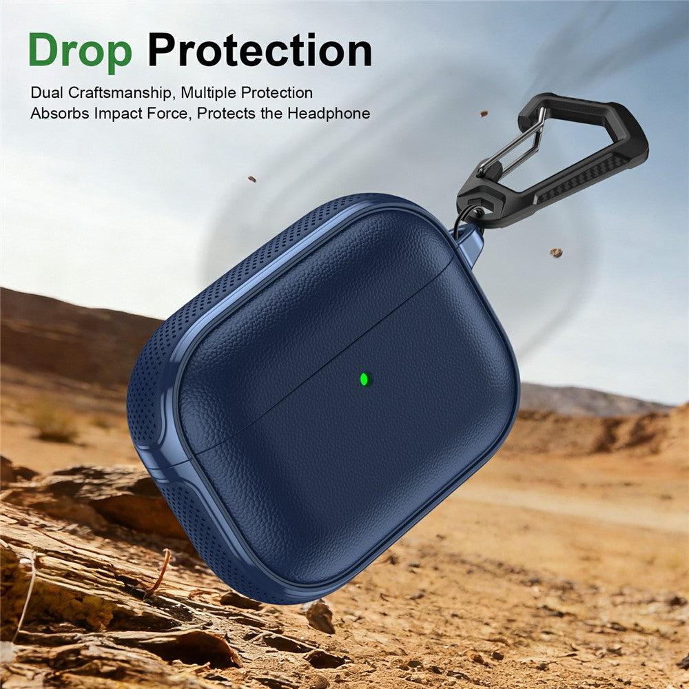 Compatible With  AirPods 5 / 4 Case Split Design Leather Texture TPU Earphone Cover with Metal Carabiner - Dark Blue