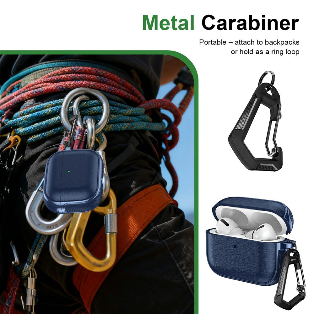 Compatible With  AirPods 5 / 4 Case Split Design Leather Texture TPU Earphone Cover with Metal Carabiner - Dark Blue