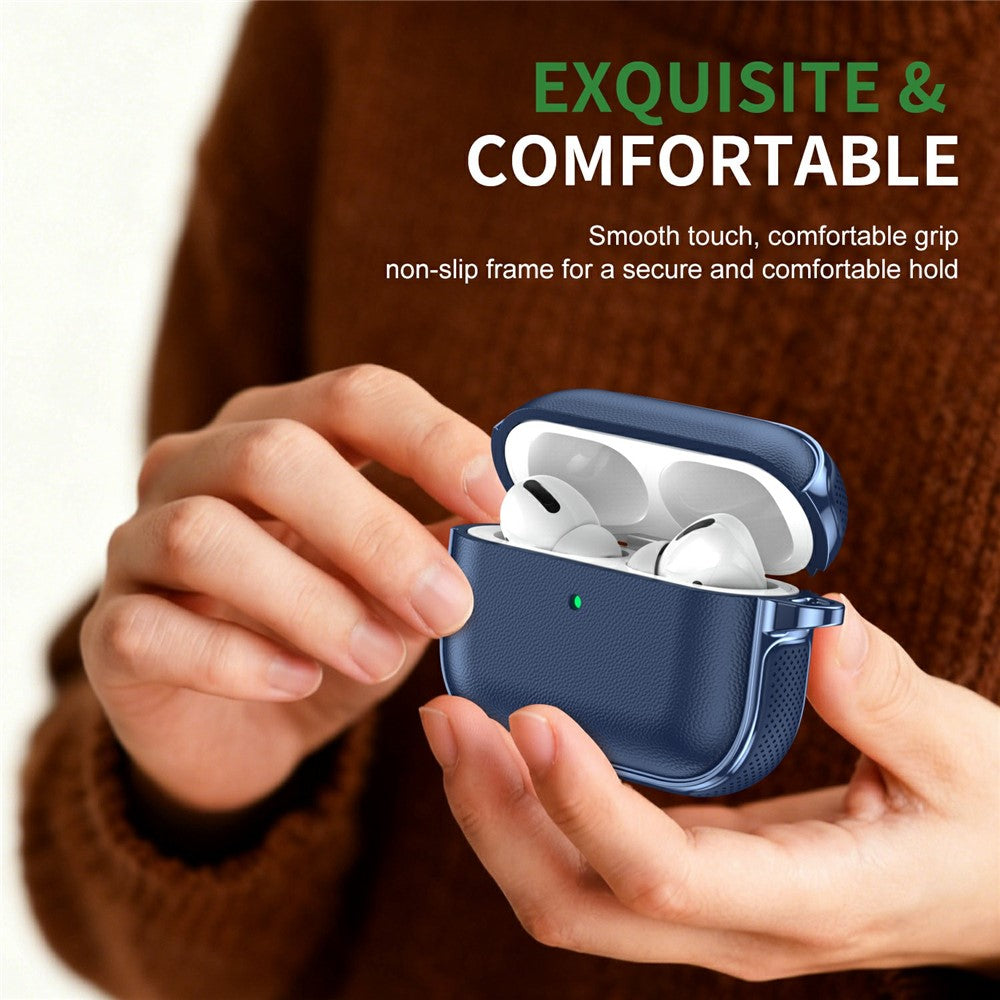 Compatible With  AirPods 5 / 4 Case Split Design Leather Texture TPU Earphone Cover with Metal Carabiner - Dark Blue