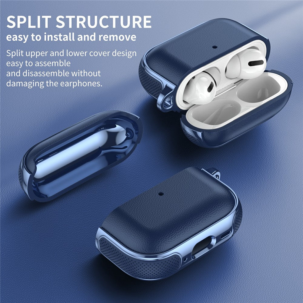 Compatible With  AirPods 5 / 4 Case Split Design Leather Texture TPU Earphone Cover with Metal Carabiner - Dark Blue