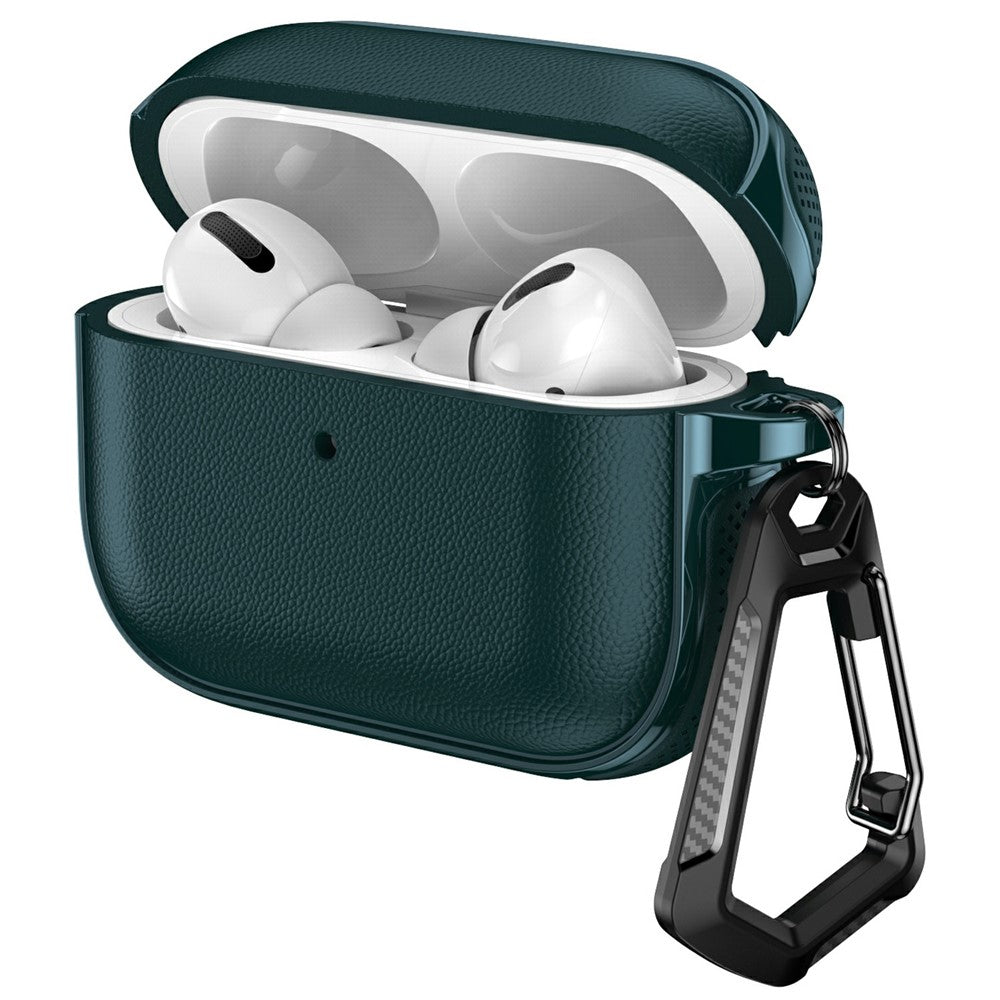 Compatible With  AirPods 5 / 4 Case Split Design Leather Texture TPU Earphone Cover with Metal Carabiner - Dark Green
