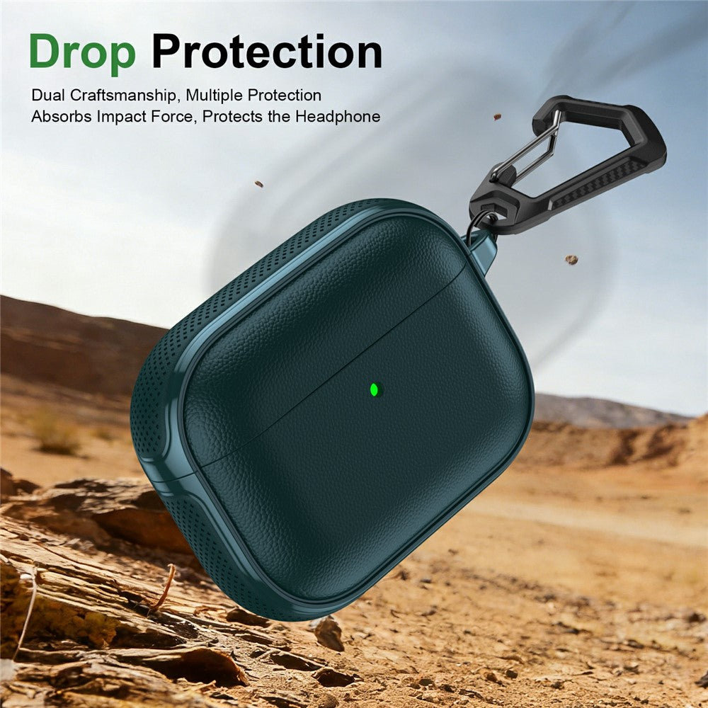 Compatible With  AirPods 5 / 4 Case Split Design Leather Texture TPU Earphone Cover with Metal Carabiner - Dark Green