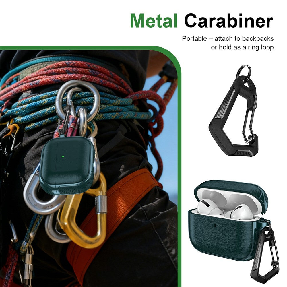 Compatible With  AirPods 5 / 4 Case Split Design Leather Texture TPU Earphone Cover with Metal Carabiner - Dark Green