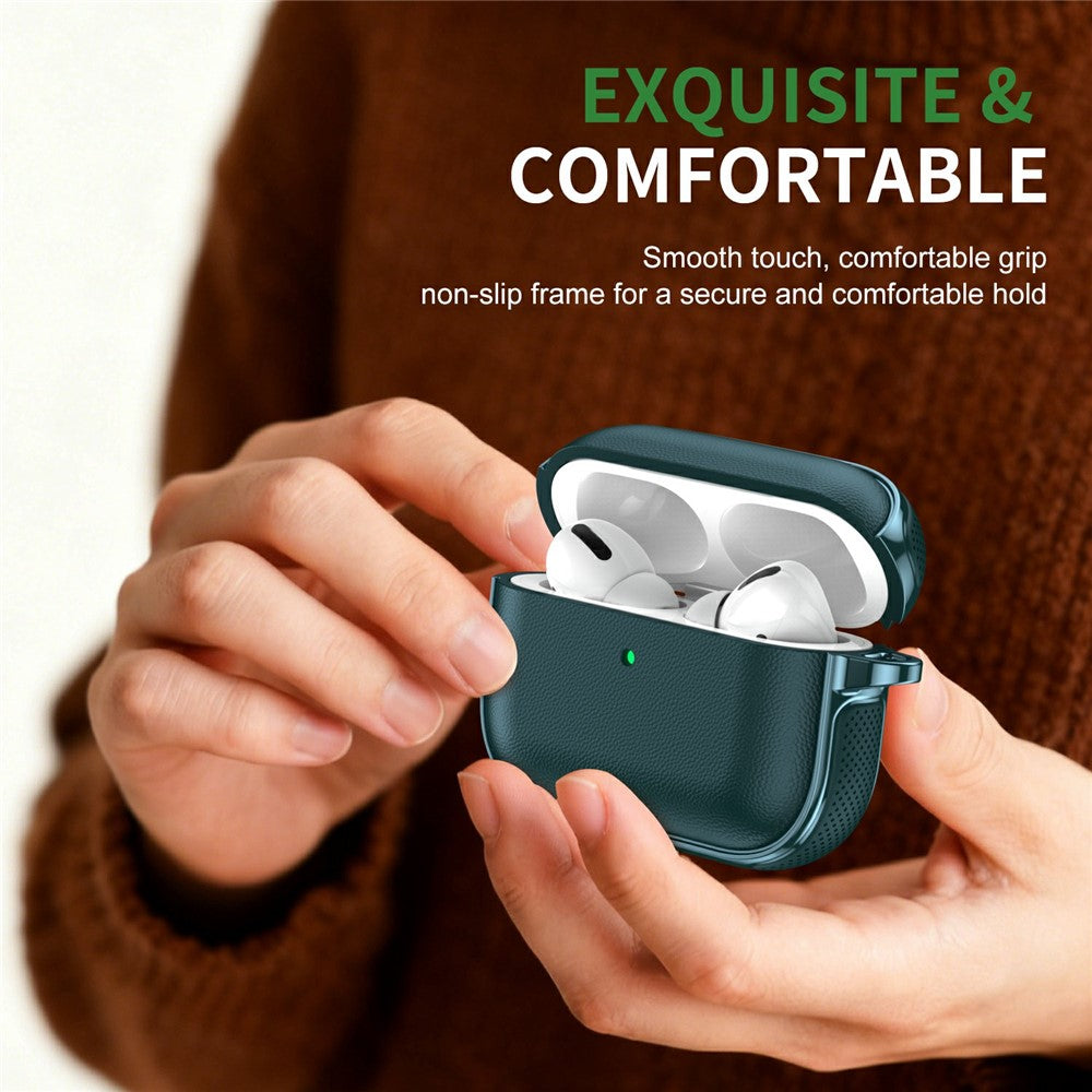 Compatible With  AirPods 5 / 4 Case Split Design Leather Texture TPU Earphone Cover with Metal Carabiner - Dark Green