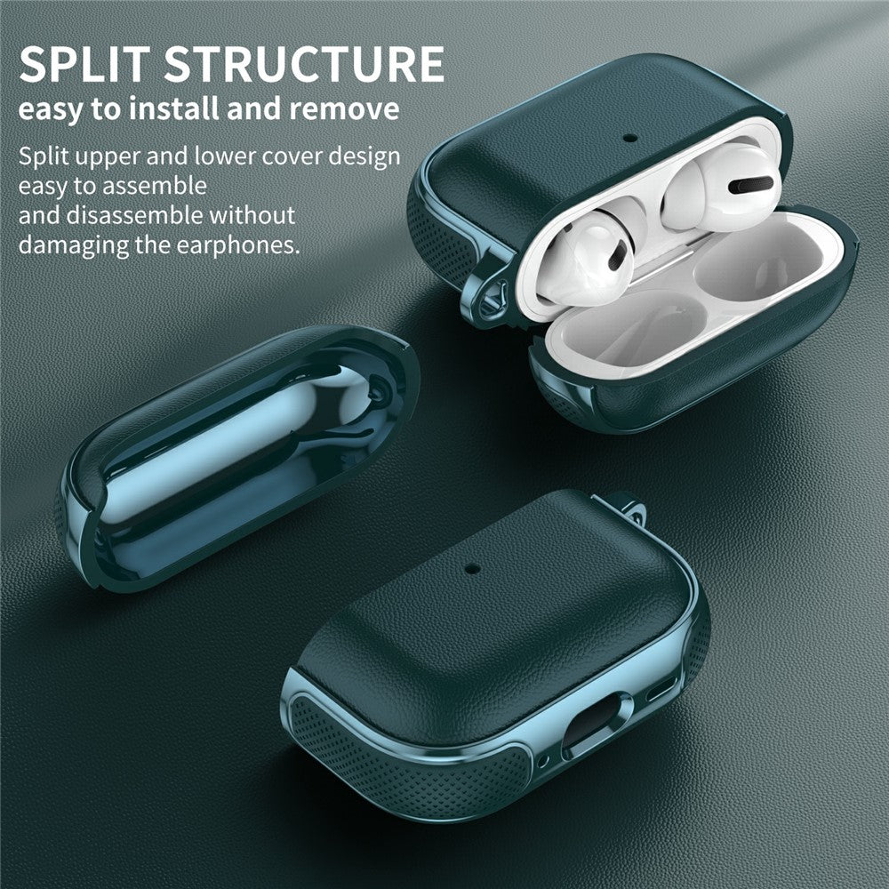 Compatible With  AirPods 5 / 4 Case Split Design Leather Texture TPU Earphone Cover with Metal Carabiner - Dark Green