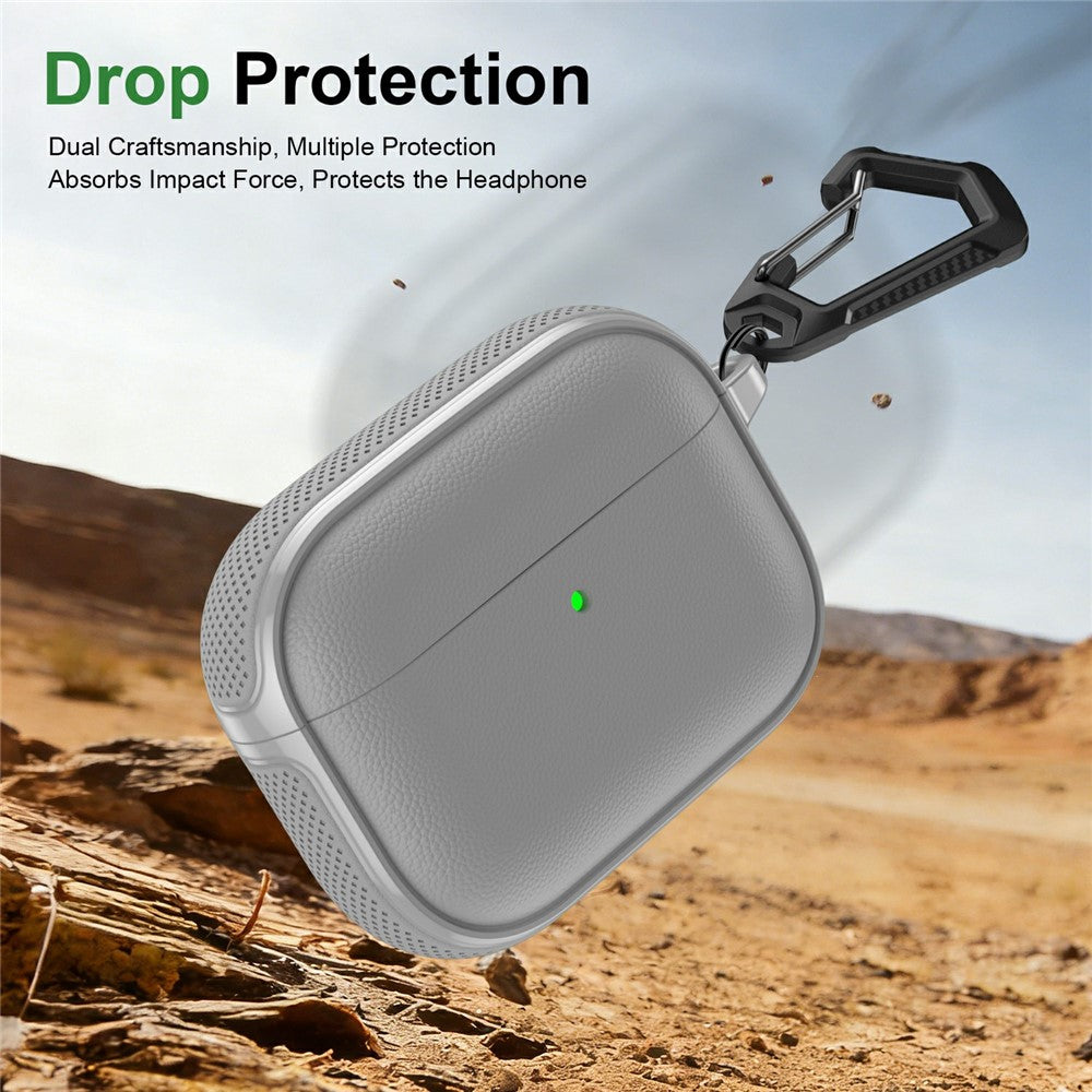 Compatible With  AirPods 5 / 4 Case Split Design Leather Texture TPU Earphone Cover with Metal Carabiner - Grey