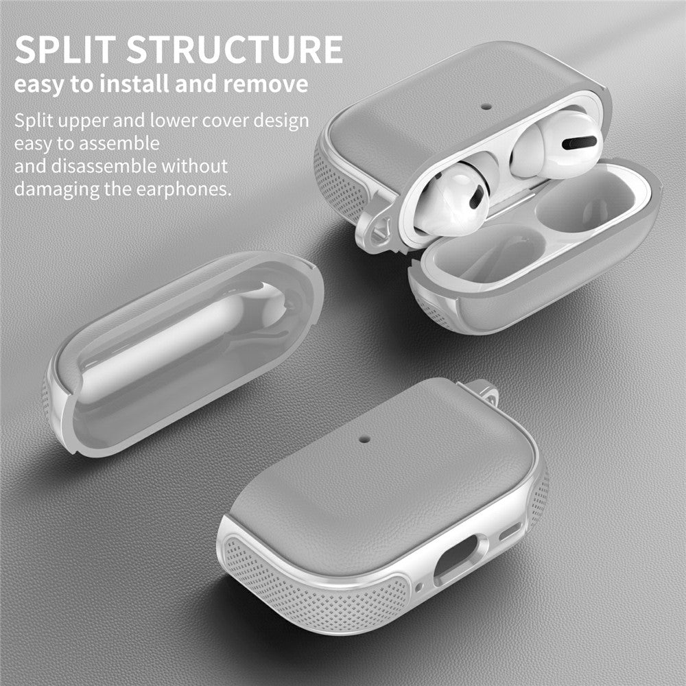 Compatible With  AirPods 5 / 4 Case Split Design Leather Texture TPU Earphone Cover with Metal Carabiner - Grey