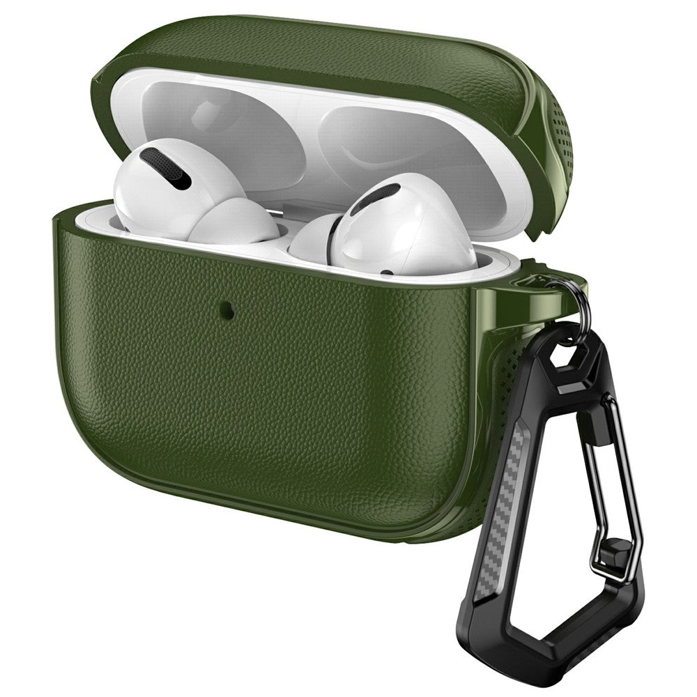 Compatible With  AirPods 5 / 4 Case Split Design Leather Texture TPU Earphone Cover with Metal Carabiner - Army Green