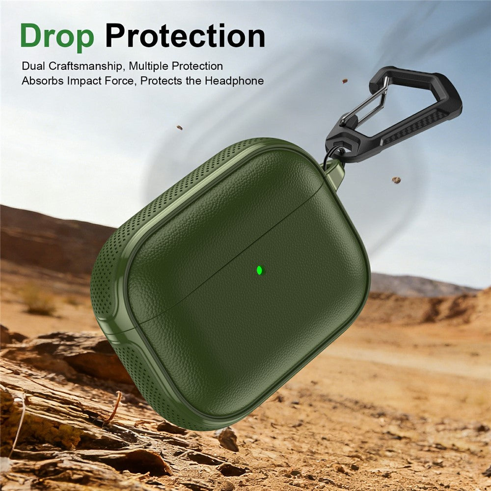 Compatible With  AirPods 5 / 4 Case Split Design Leather Texture TPU Earphone Cover with Metal Carabiner - Army Green
