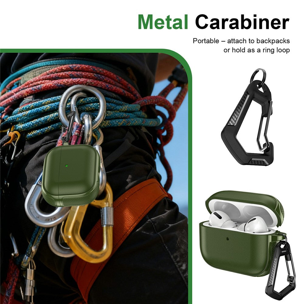 Compatible With  AirPods 5 / 4 Case Split Design Leather Texture TPU Earphone Cover with Metal Carabiner - Army Green