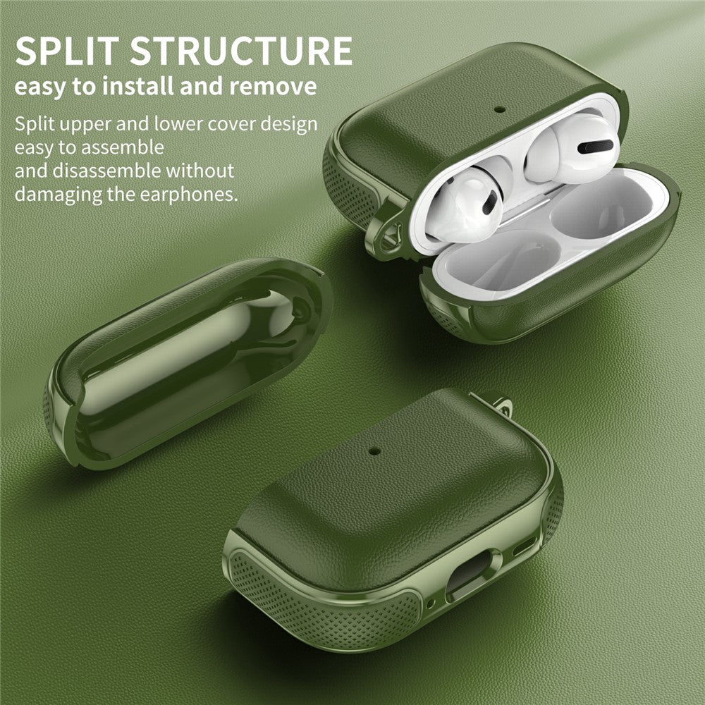 Compatible With  AirPods 5 / 4 Case Split Design Leather Texture TPU Earphone Cover with Metal Carabiner - Army Green