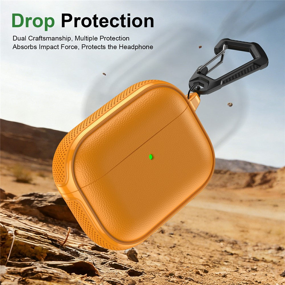 Compatible With  AirPods 5 / 4 Case Split Design Leather Texture TPU Earphone Cover with Metal Carabiner - Orange
