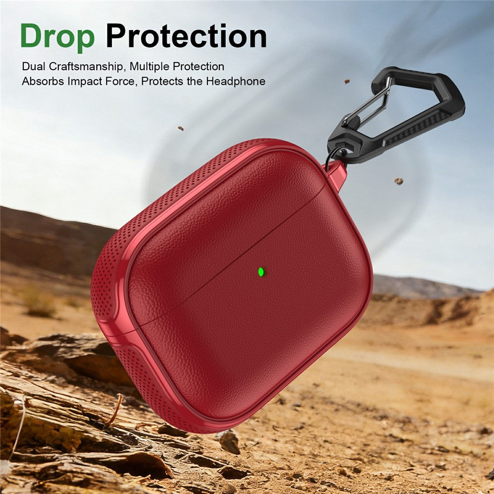 Compatible With  AirPods 5 / 4 Case Split Design Leather Texture TPU Earphone Cover with Metal Carabiner - Red