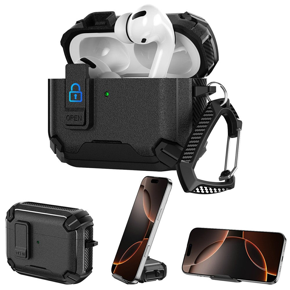 Compatible With  AirPods 5 / 4 Earphone Case Phone Stand TPU + PC Shockproof Cover with Carabiner - Black