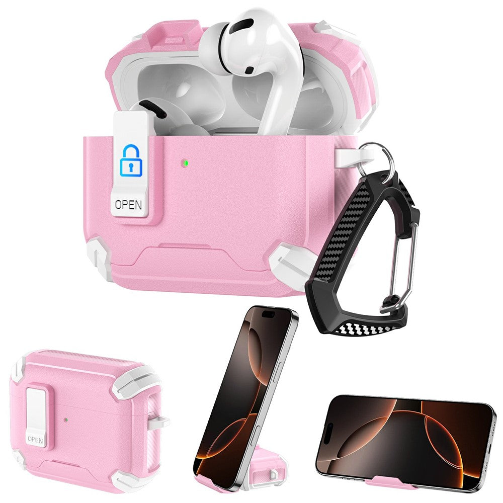 Compatible With  AirPods 5 / 4 Earphone Case Phone Stand TPU + PC Shockproof Cover with Carabiner - White / Pink