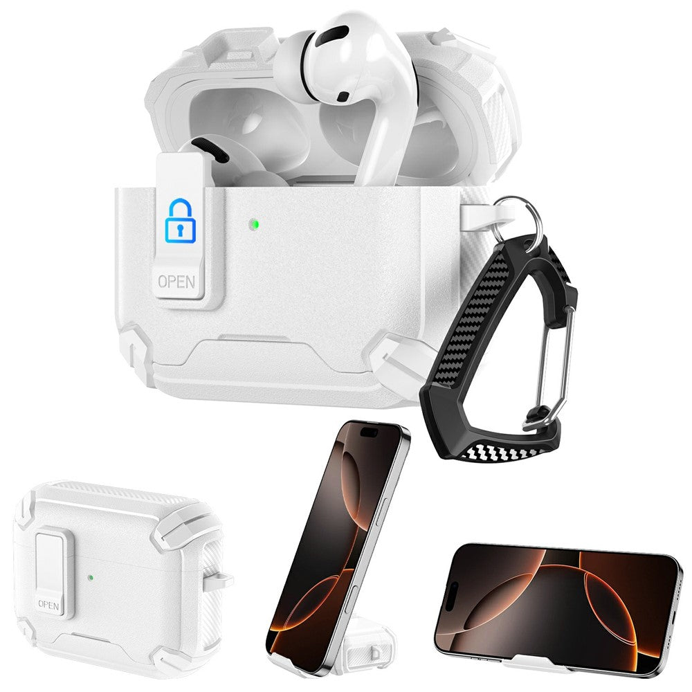 Compatible With  AirPods 5 / 4 Earphone Case Phone Stand TPU + PC Shockproof Cover with Carabiner - All White