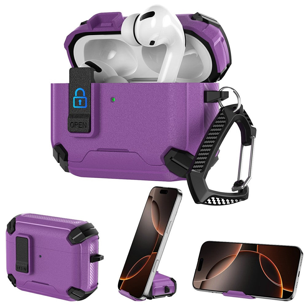 Compatible With  AirPods 5 / 4 Earphone Case Phone Stand TPU + PC Shockproof Cover with Carabiner - Black / Purple