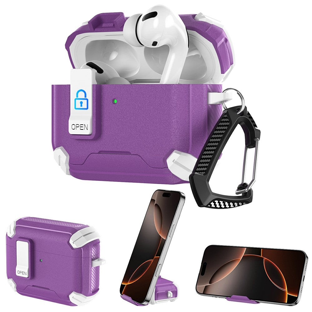 Compatible With  AirPods 5 / 4 Earphone Case Phone Stand TPU + PC Shockproof Cover with Carabiner - White / Purple