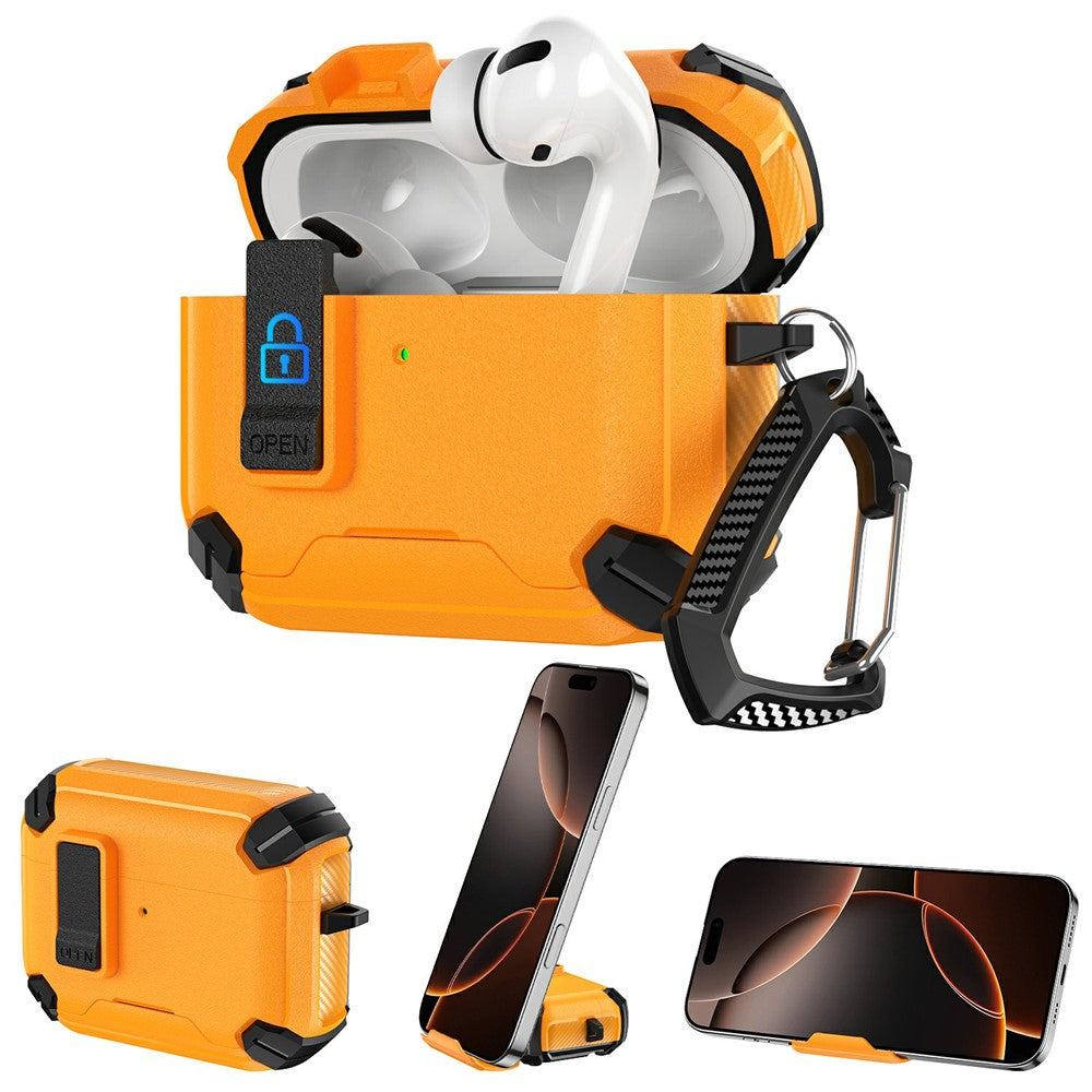 Compatible With  AirPods 5 / 4 Earphone Case Phone Stand TPU + PC Shockproof Cover with Carabiner - Black / Yellow