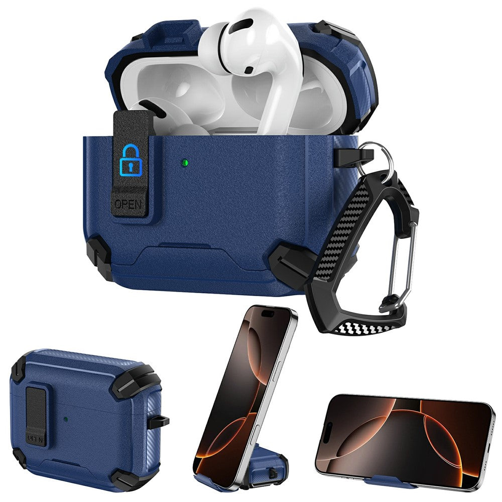 Compatible With  AirPods 5 / 4 Earphone Case Phone Stand TPU + PC Shockproof Cover with Carabiner - Black / Blue