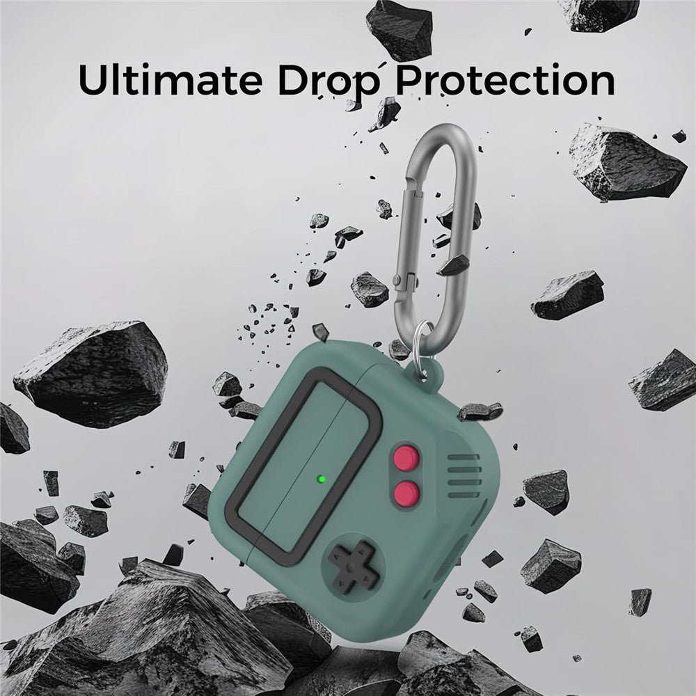 AHASTYLE JY21 Compatible With  AirPods 5 / 4 Protective Case Game Console Design Split Silicone Earphone Cover with Carabiner and Cleaning Pen - Green