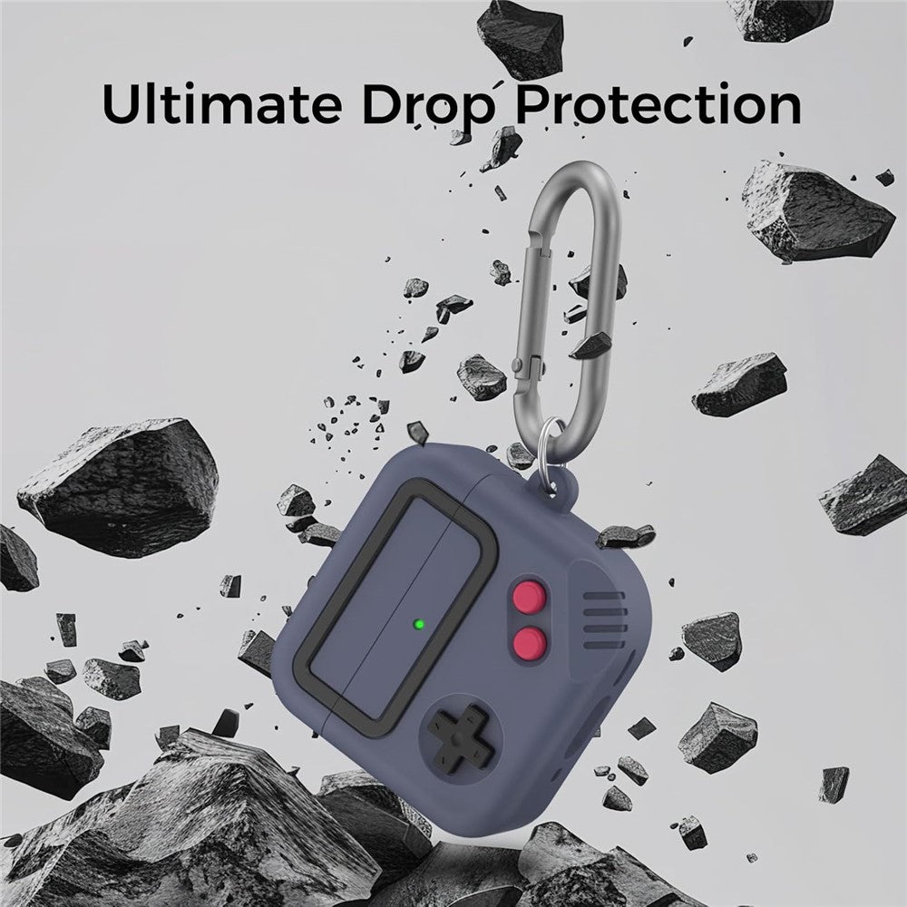 AHASTYLE JY21 Compatible With  AirPods 5 / 4 Protective Case Game Console Design Split Silicone Earphone Cover with Carabiner and Cleaning Pen - Midnight Blue