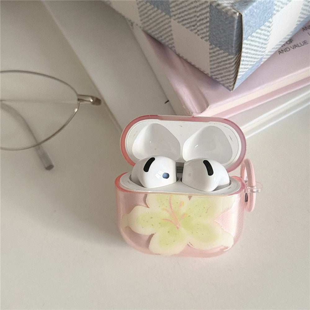 Compatible With  AirPods 5 / 4 Protective Case IMD Floral Pattern Transparent TPU Cover with Metal Buckle - Transparent Pink