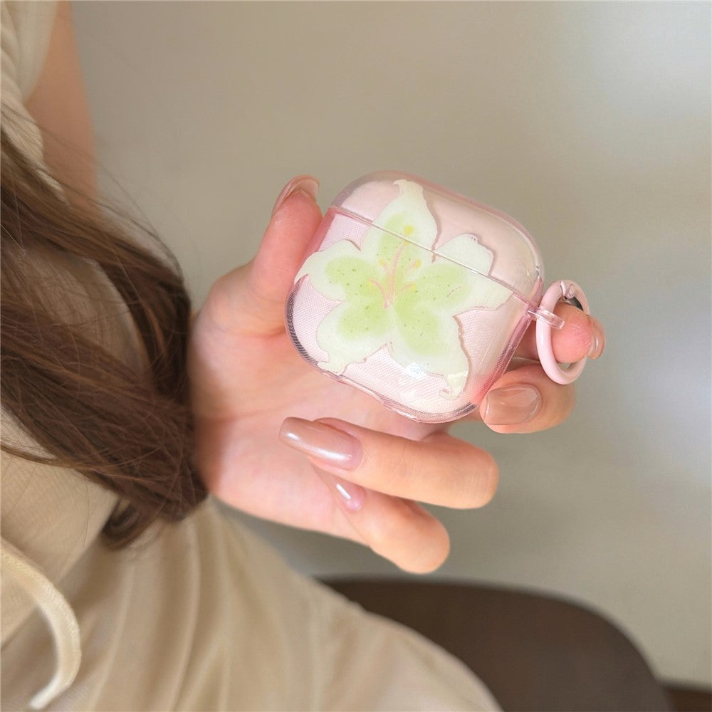 Compatible With  AirPods 5 / 4 Protective Case IMD Floral Pattern Transparent TPU Cover with Metal Buckle - Transparent Pink