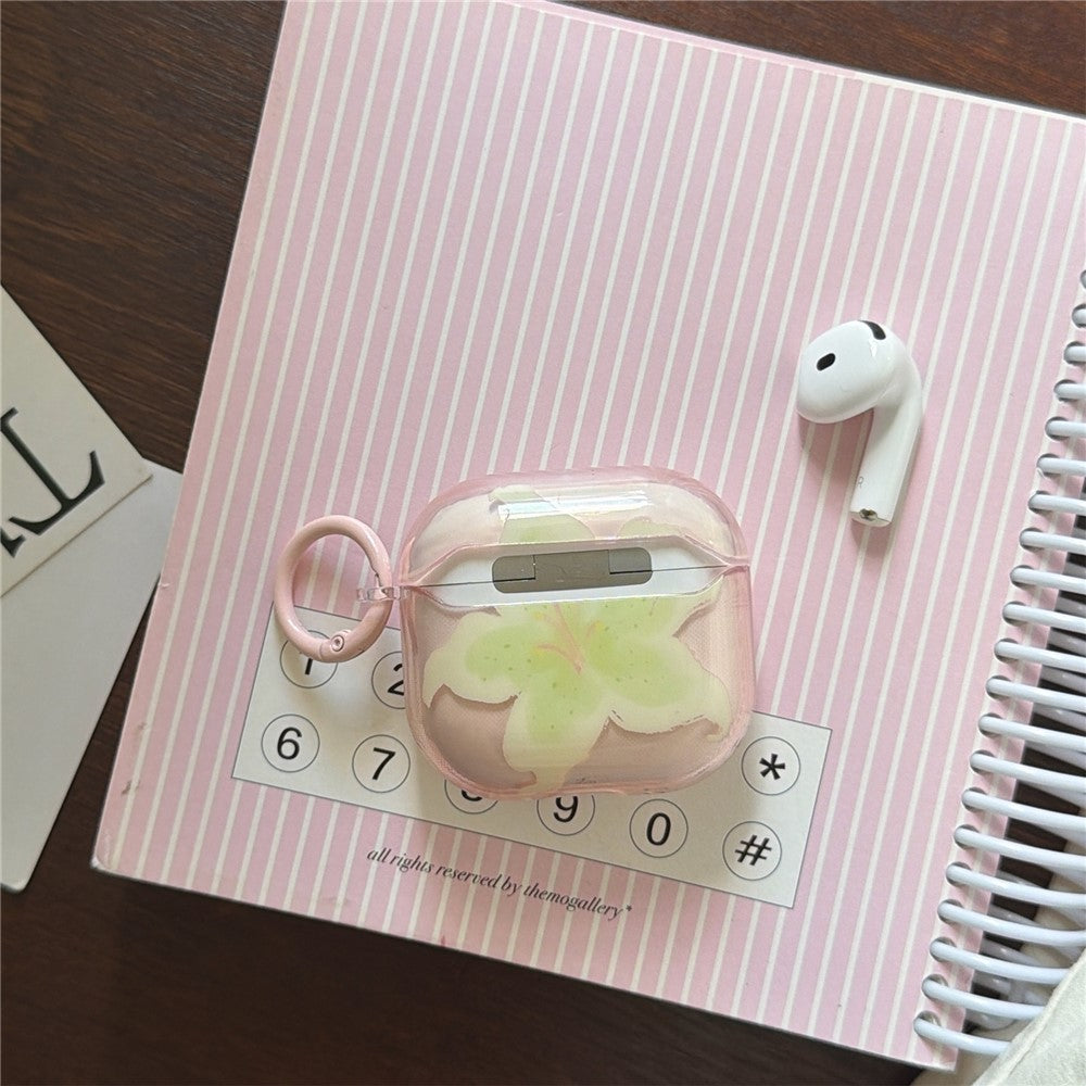 Compatible With  AirPods 5 / 4 Protective Case IMD Floral Pattern Transparent TPU Cover with Metal Buckle - Transparent Pink