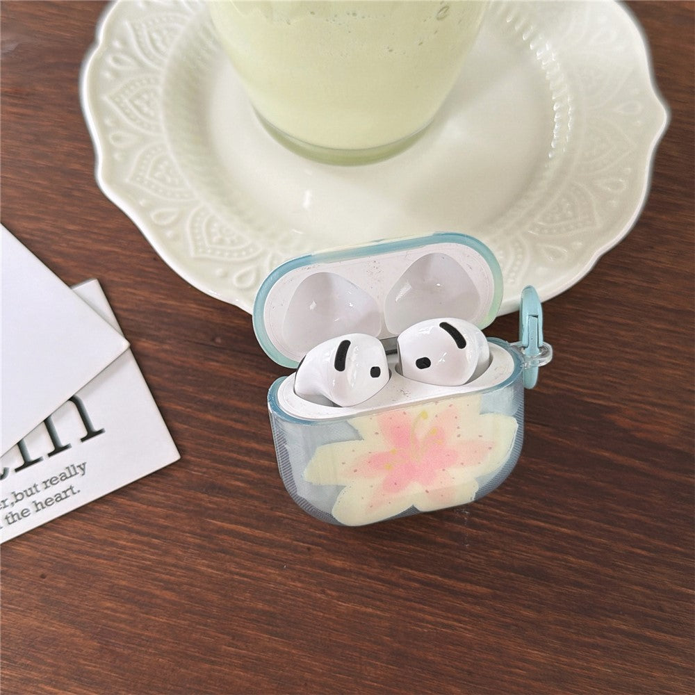 Compatible With  AirPods 5 / 4 Protective Case IMD Floral Pattern Transparent TPU Cover with Metal Buckle - Transparent Blue