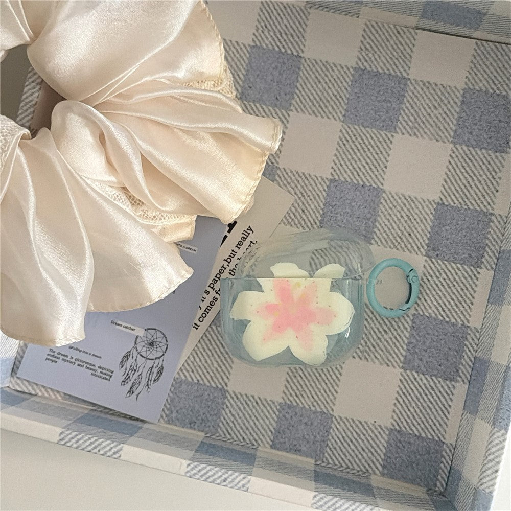Compatible With  AirPods 5 / 4 Protective Case IMD Floral Pattern Transparent TPU Cover with Metal Buckle - Transparent Blue