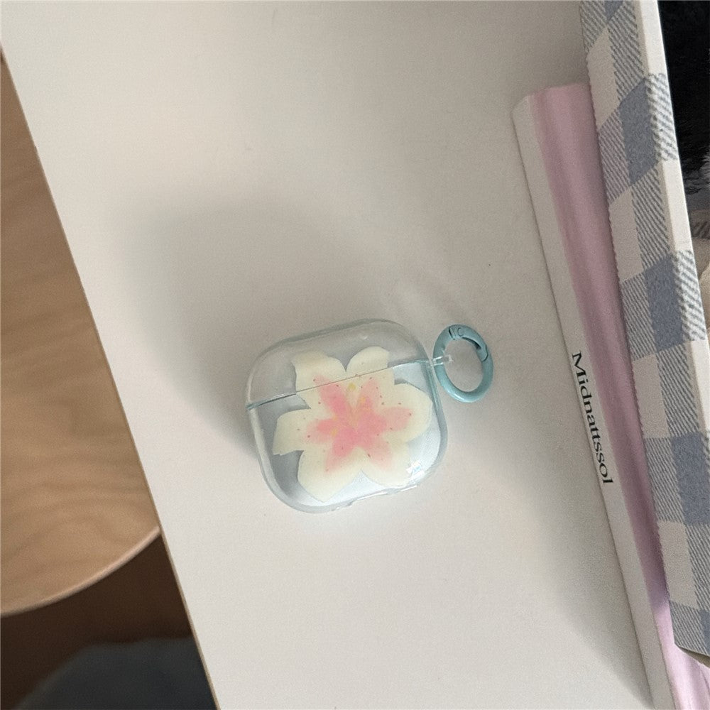 Compatible With  AirPods 5 / 4 Protective Case IMD Floral Pattern Transparent TPU Cover with Metal Buckle - Transparent Blue