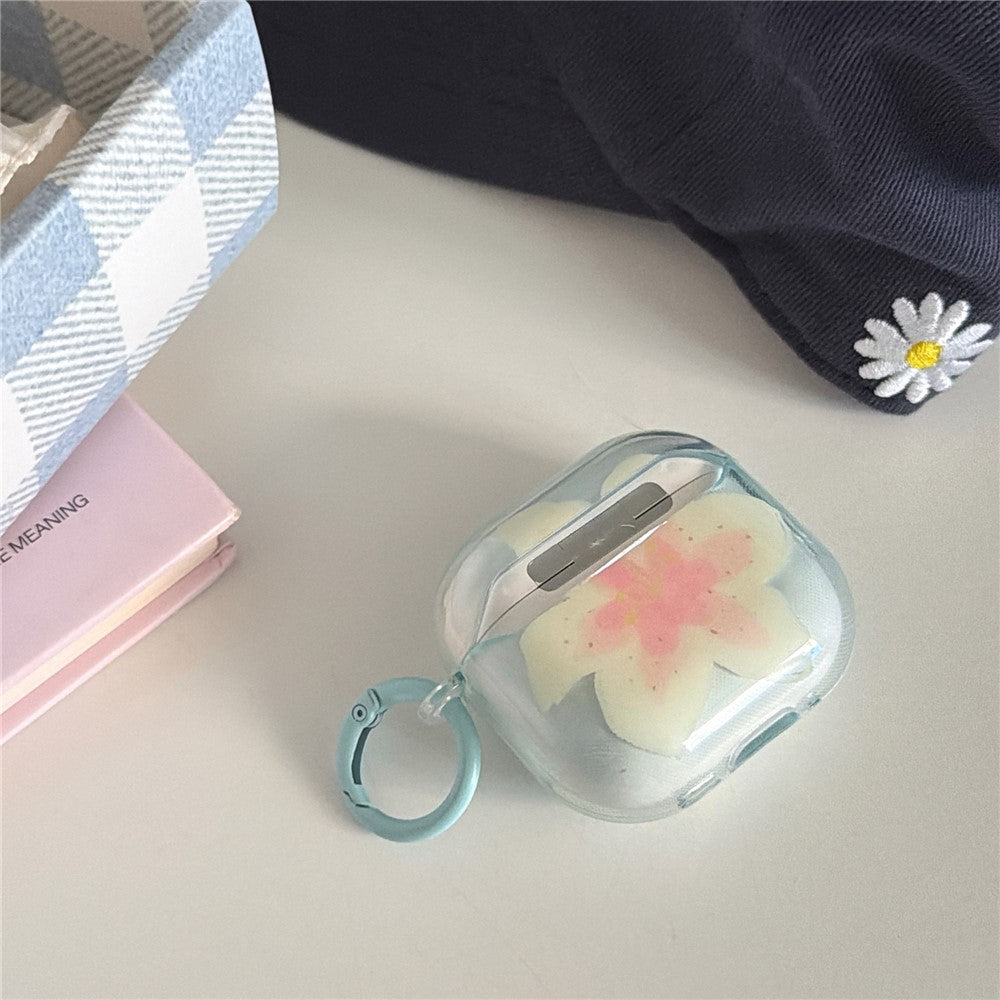 Compatible With  AirPods 5 / 4 Protective Case IMD Floral Pattern Transparent TPU Cover with Metal Buckle - Transparent Blue