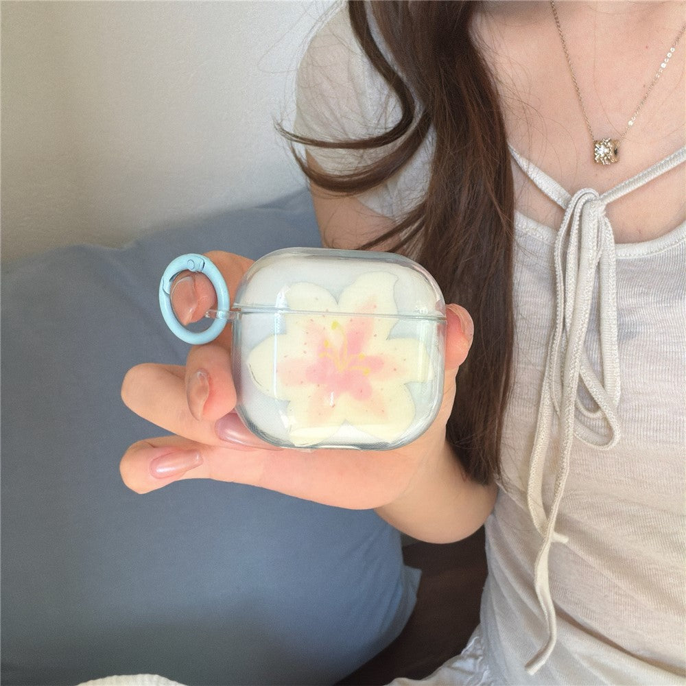 Compatible With  AirPods 5 / 4 Protective Case IMD Floral Pattern Transparent TPU Cover with Metal Buckle - Transparent Blue