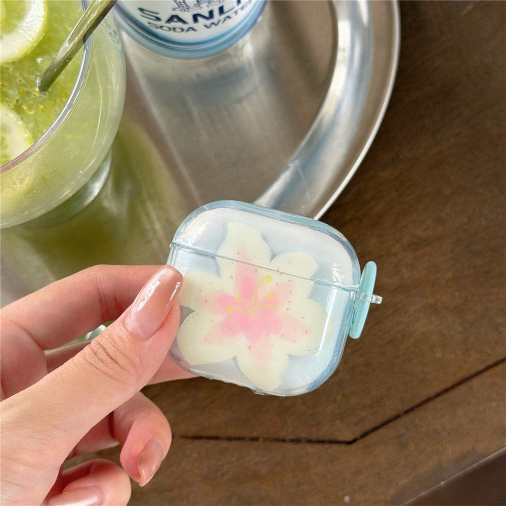 Compatible With  AirPods 5 / 4 Protective Case IMD Floral Pattern Transparent TPU Cover with Metal Buckle - Transparent Blue