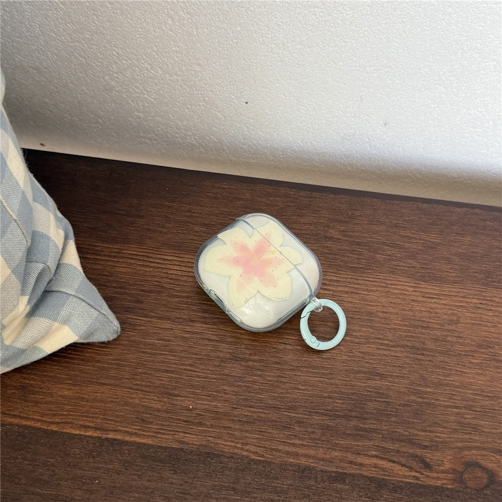 Compatible With  AirPods 5 / 4 Protective Case IMD Floral Pattern Transparent TPU Cover with Metal Buckle - Transparent Blue