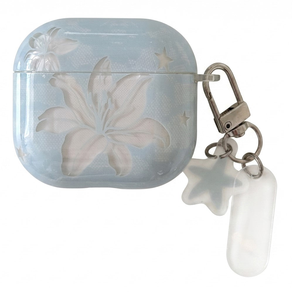 Case Compatible With  AirPods 4 Lily Flower Pattern TPU Protective Cover with Keychain Charm & Buckle Clip