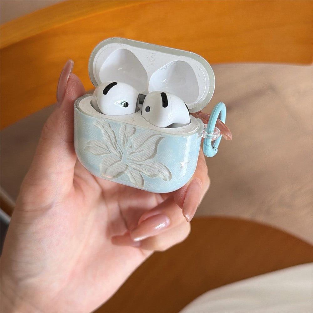 Case Compatible With  AirPods 4 Lily Flower Pattern TPU Protective Cover with Keychain Charm & Buckle Clip