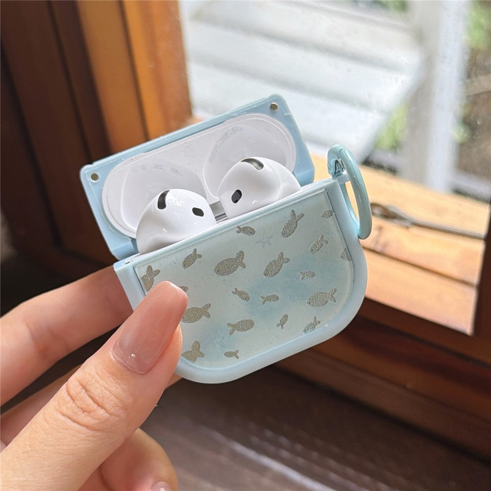 Sparkle Fish Pattern Case Compatible With  AirPods 4 Soft TPU Protective Cover with Buckle Carabiner Clip