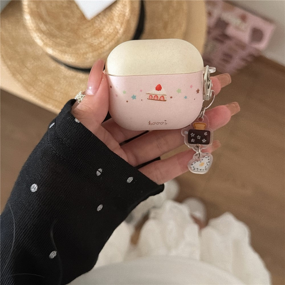 Compatible With  AirPods 4 Cute Cake Pattern Soft Silicone Case with Keychain Food Charms & Clip Earbuds Protective Cover