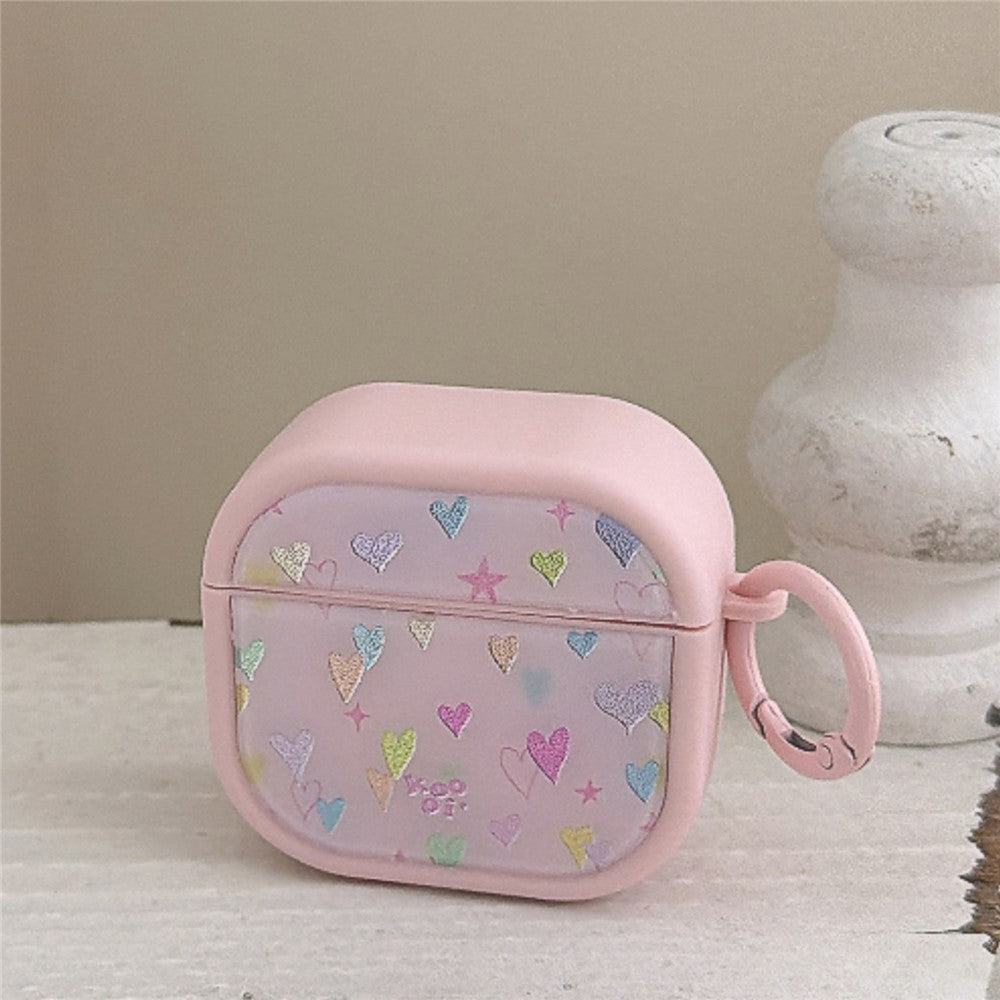 Colorful Heart Case Compatible With  AirPods 4 Glitter TPU Earbuds Protective Cover with Carabiner Clip - Pink