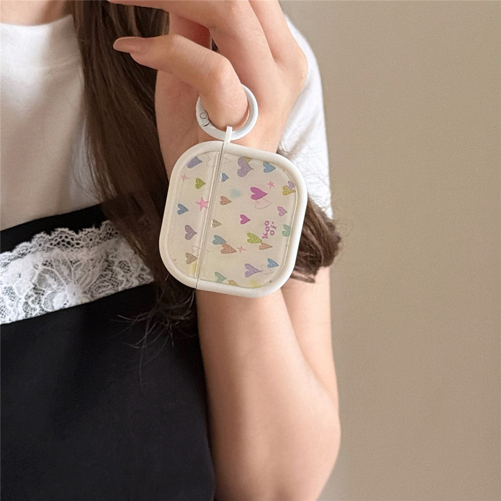 Colorful Heart Case Compatible With  AirPods 4 Glitter TPU Earbuds Protective Cover with Carabiner Clip - White