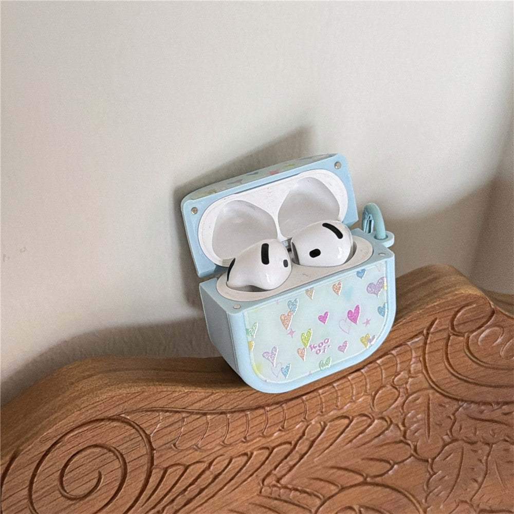 Colorful Heart Case Compatible With  AirPods 4 Glitter TPU Earbuds Protective Cover with Carabiner Clip - White