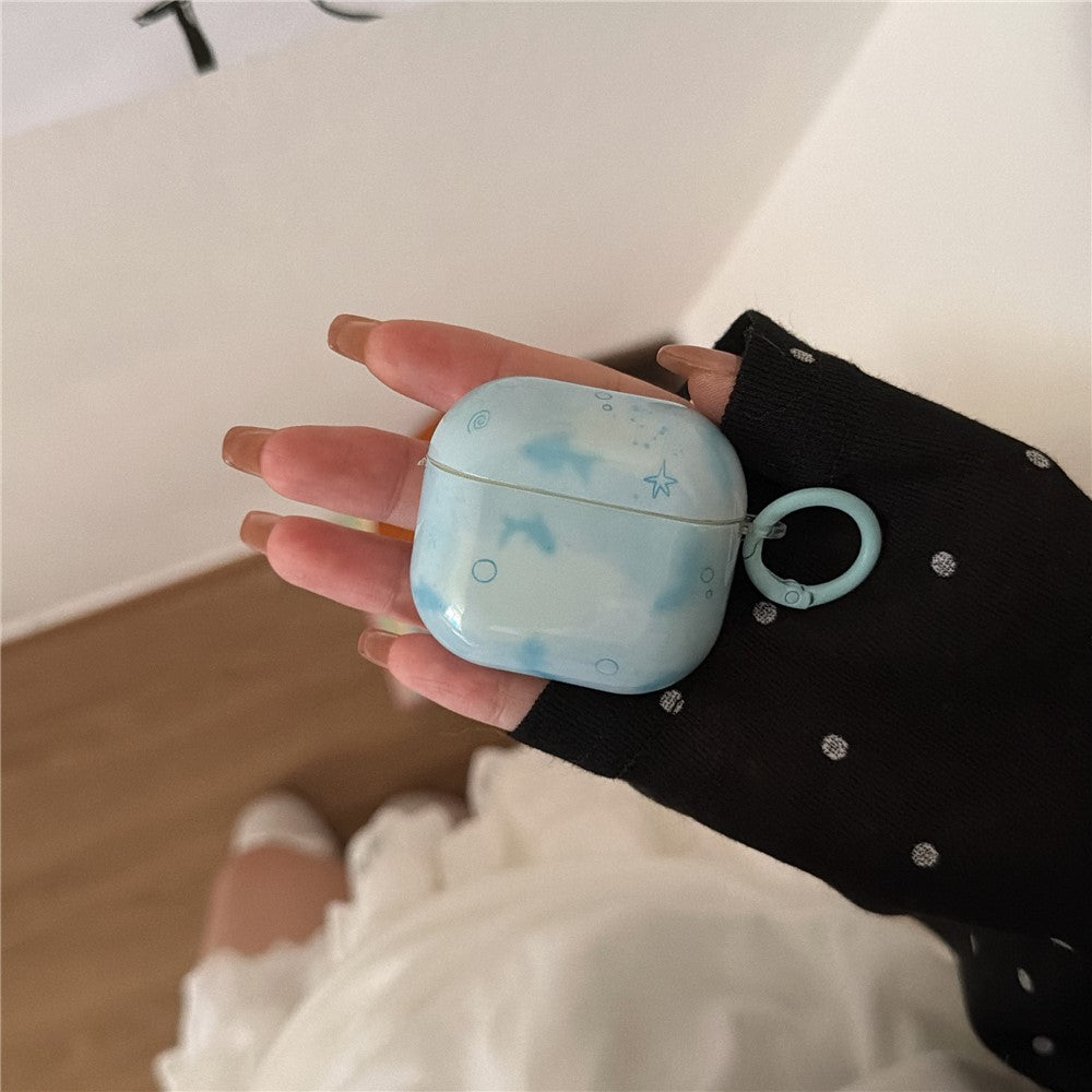 Compatible With  AirPods 4 IMD+TPU Case Blurred Blue Fish Pattern Protective Cover with Metal Buckle Carabiner